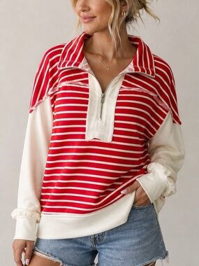 Sewn + Seen Red White Striped
Quarter Zip Pullover Top L
Oversized Casual Preppy